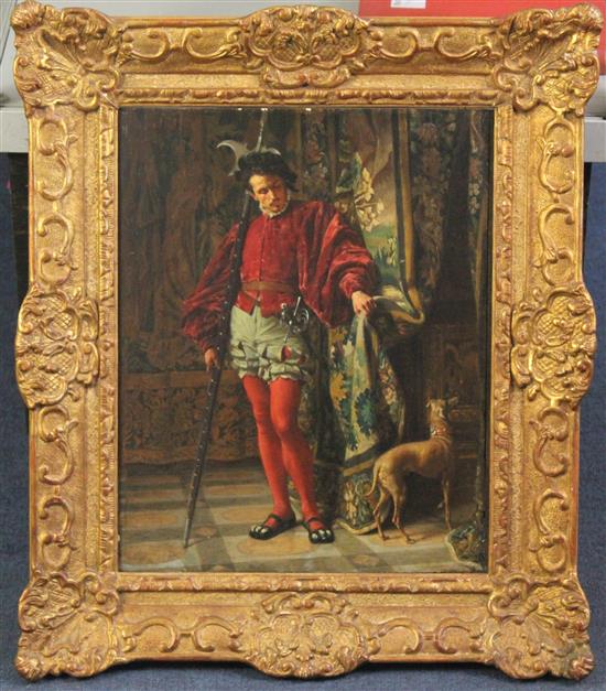 Charles Alexandre Coessin de la Fosse (1829-1910) Florentine guardsmen and a hound beside a doorway, 16 x 13in.